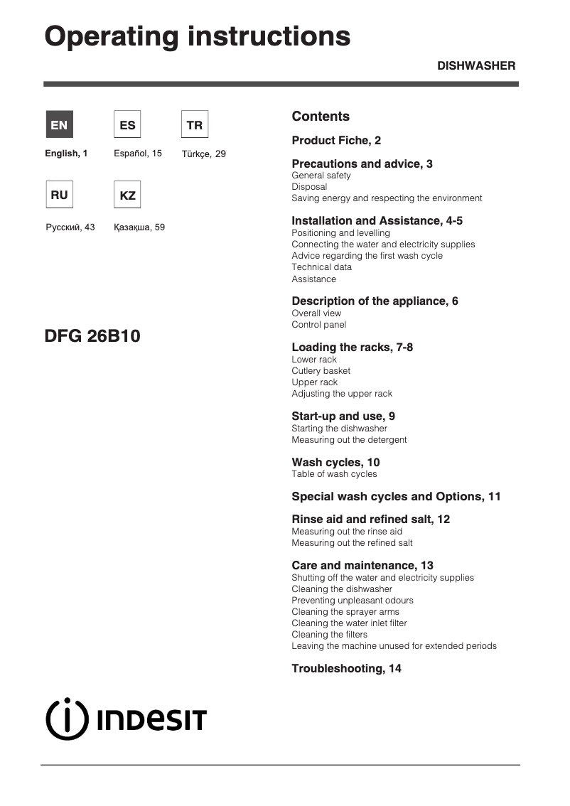 Página 1 del manual Manual de instrucciones Indesit DFG 26B10 EU