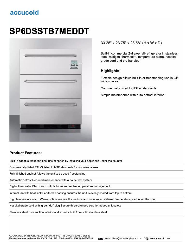 Página 1 del manual Ficha técnica Summit Accucold SP6DSSTB7MEDDT