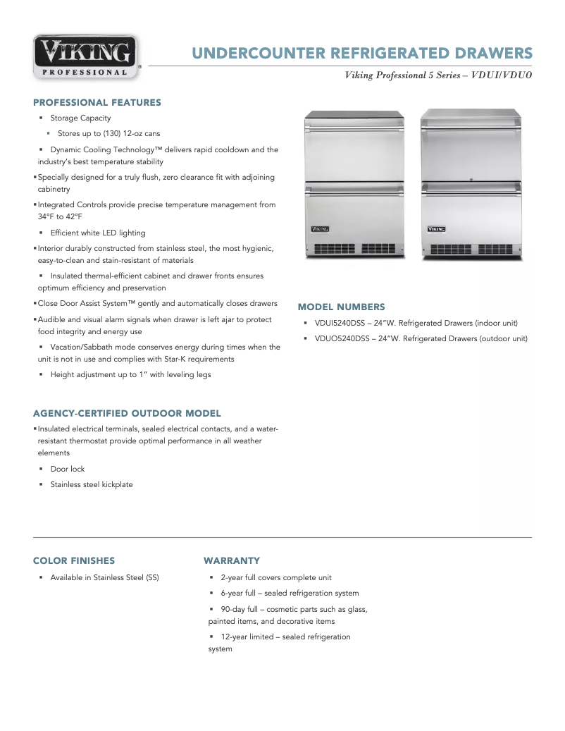 Página 1 del manual Ficha técnica Viking VDUI5240DSS