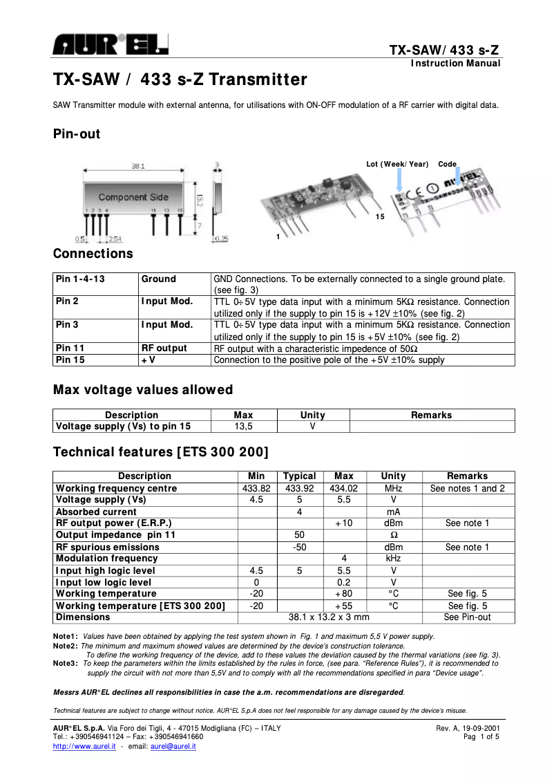 Imagen de la primera página del manual del dispositivo TXSAW433
