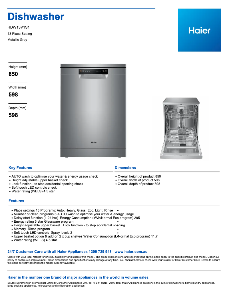 Página 1 del manual Ficha técnica Haier HDW13V1S1