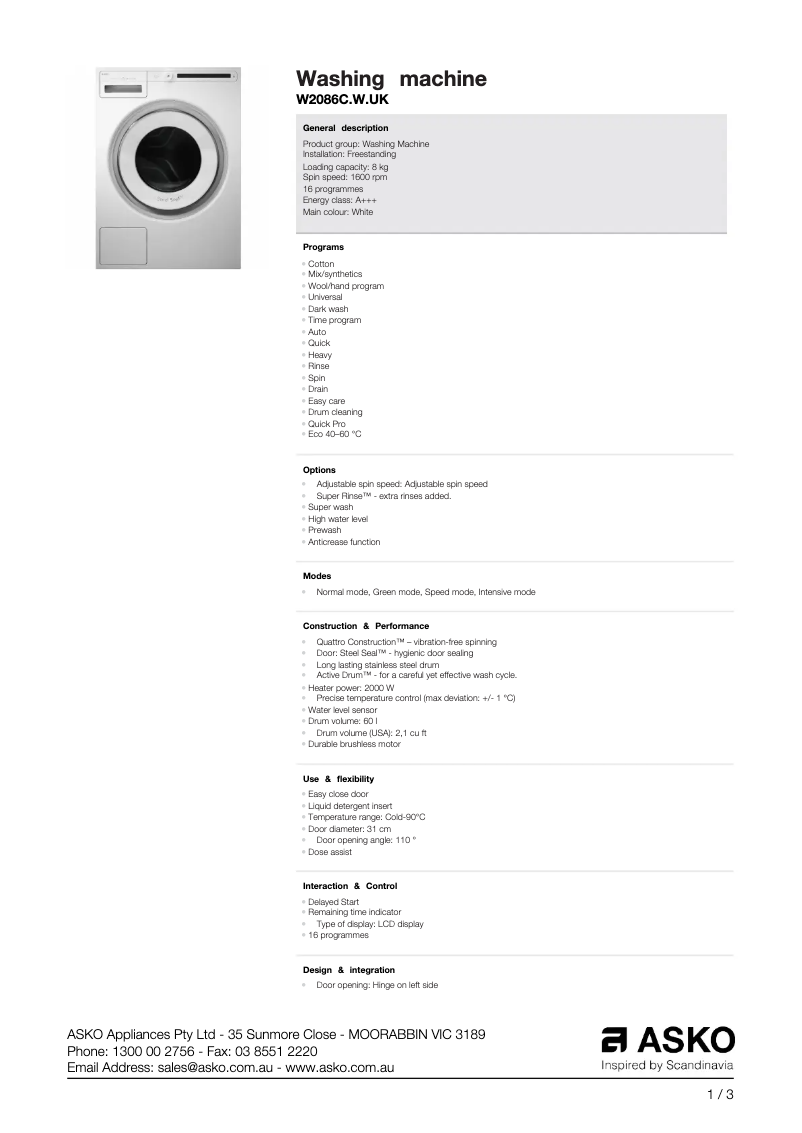 Página 1 del manual Ficha técnica Asko W2086CWUK