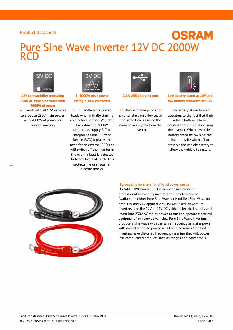 Página 1 del manual Ficha técnica Osram Pure Sine Wave 12V DC 2000W RCD