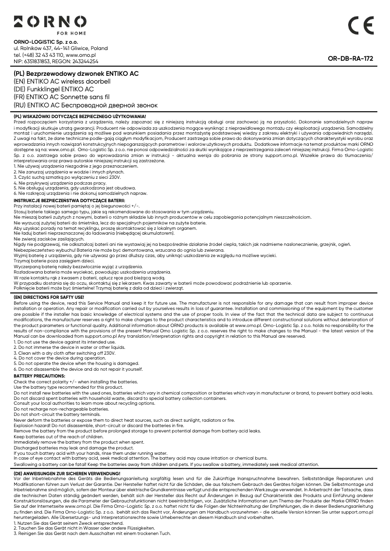 Imagen de la primera página del manual del dispositivo OR-DB-RA-172