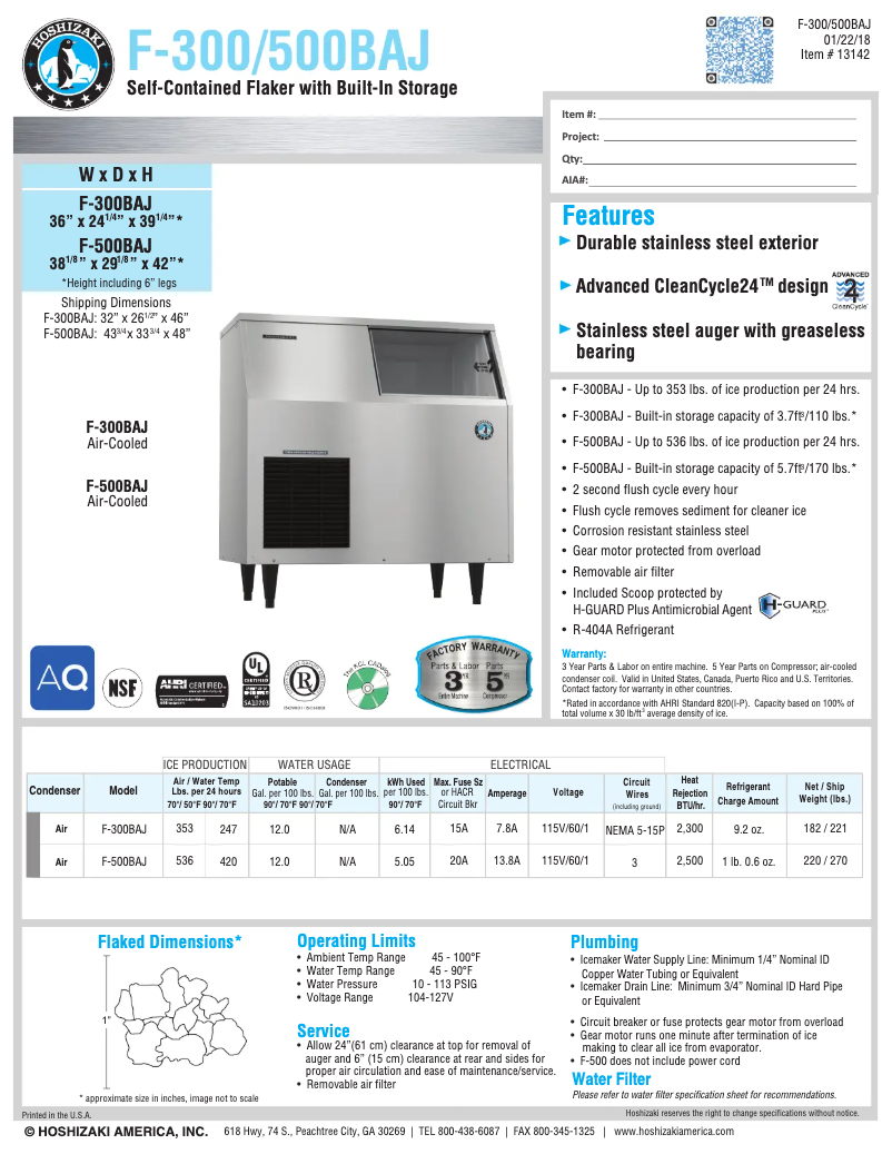 Página 1 del manual Ficha técnica Hoshizaki F-300BAJ