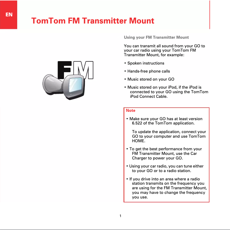 Imagen de la primera página del manual del dispositivo FM Transmitter Mount