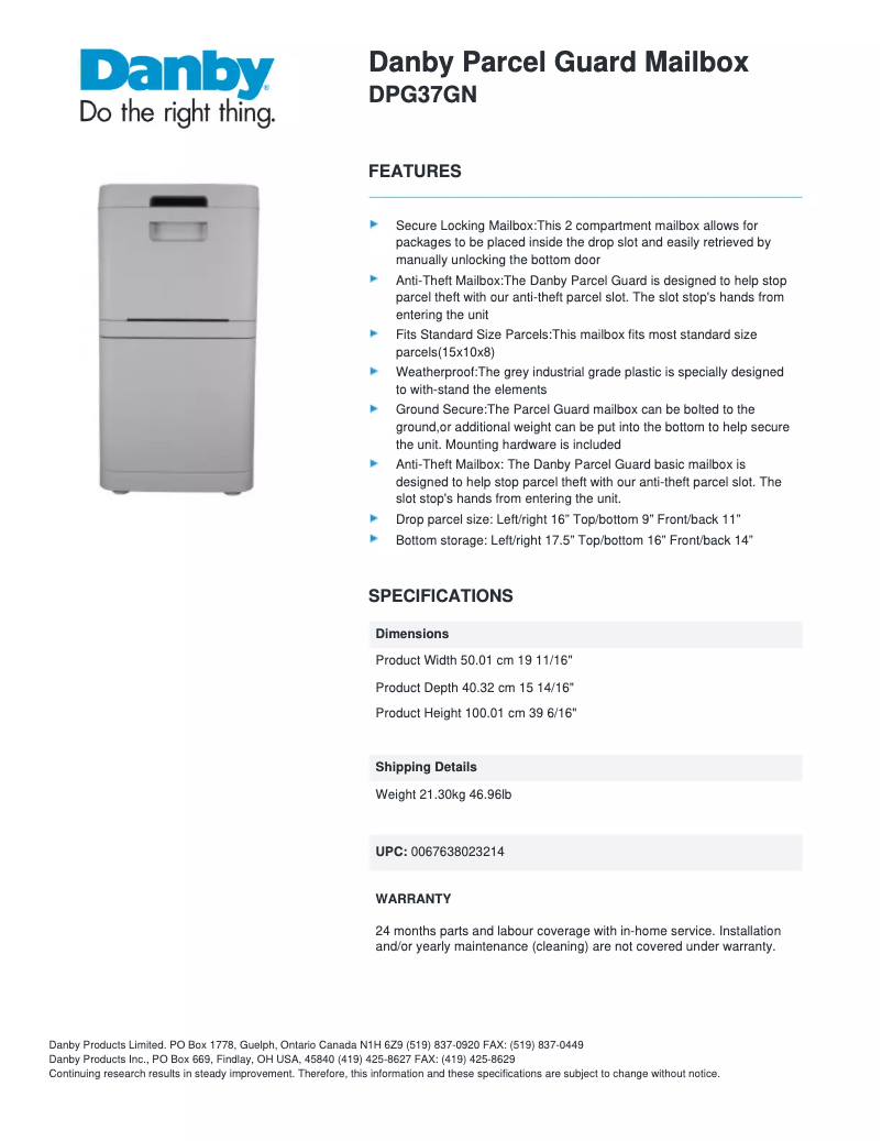 Página 1 del manual Ficha técnica Danby DPG37GN