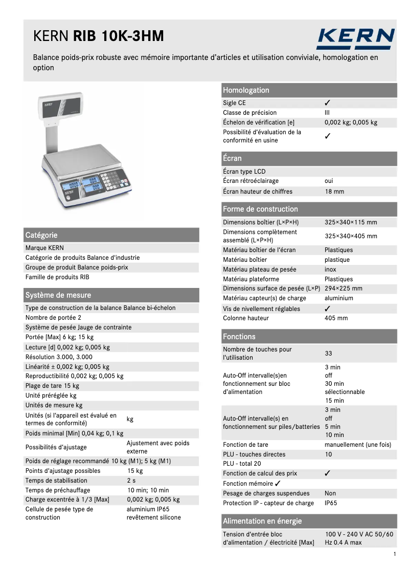 Página 1 del manual Ficha técnica Kern RIB 10K-3HM
