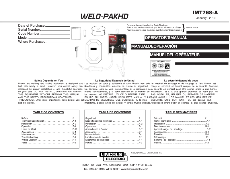Imagen de la primera página del manual del dispositivo WELD-PAK HD