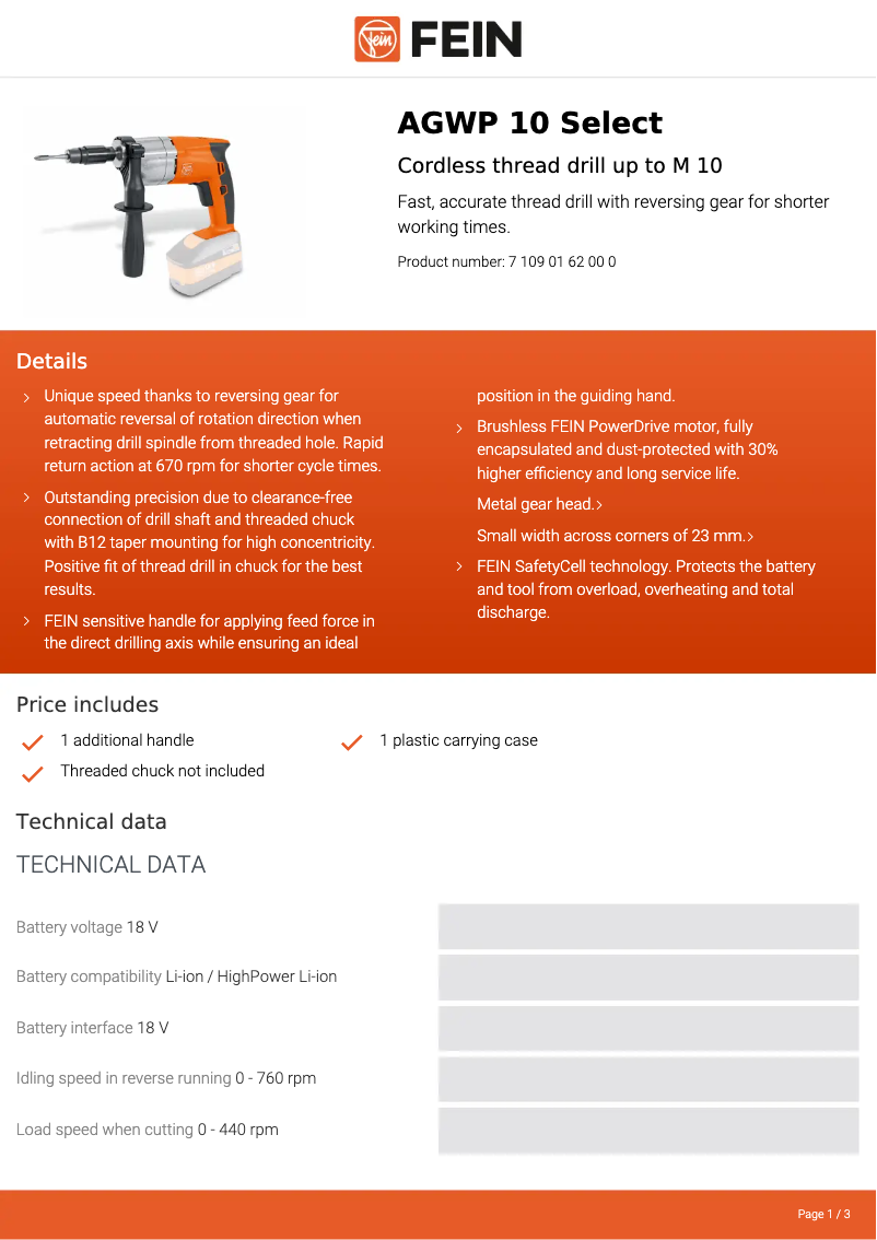 Página 1 del manual Ficha técnica Fein AGWP 10 Select