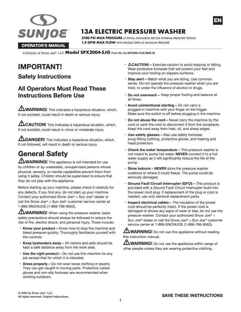 Página nº 1 - Manual de usuario Sun Joe SPX2004-SJG