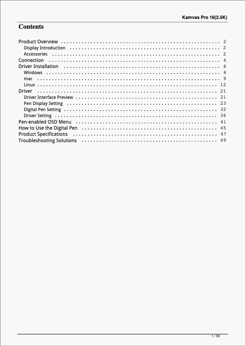 Imagen de la primera página del manual del dispositivo Kamvas Pro 16 GT1561