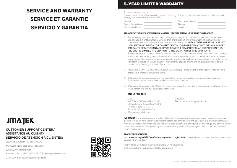 Página 1 del manual Información de garantía Honeywell DH70P