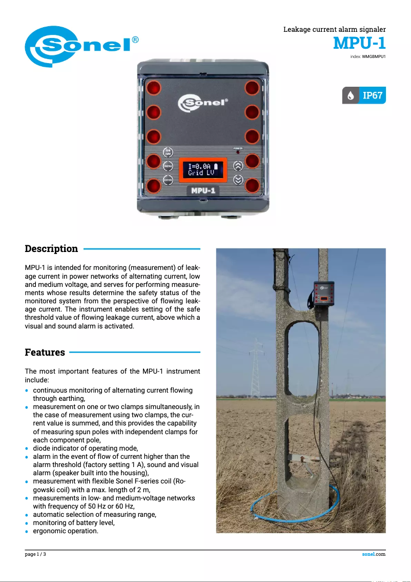 Página 1 del manual Ficha técnica Sonel MPU-1
