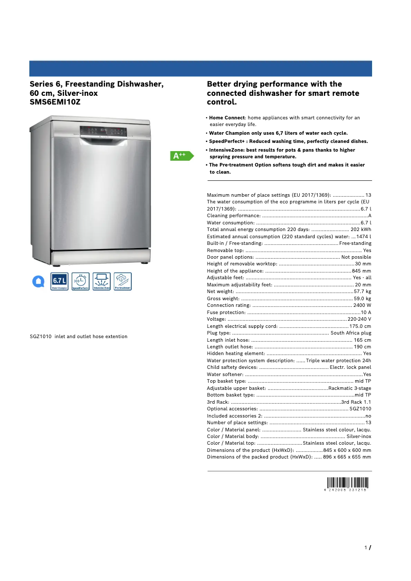 Página nº 1 - Ficha técnica Bosch SMS6EMI10Z