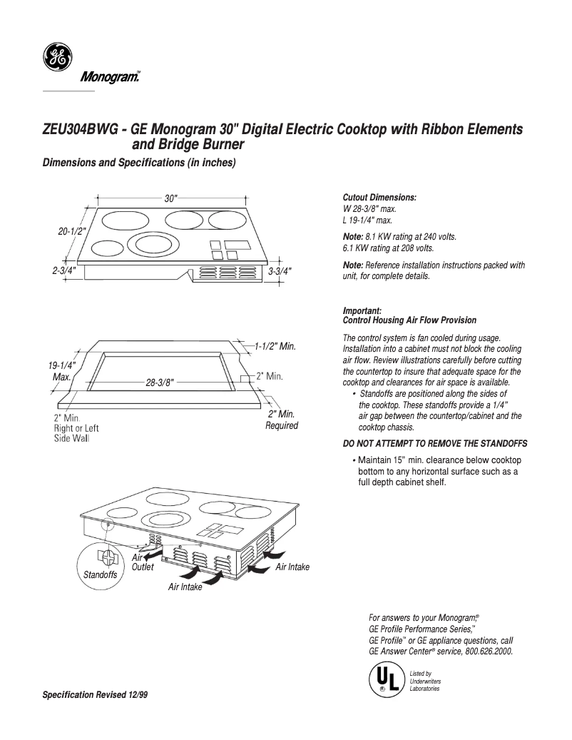 Página 1 del manual Ficha técnica GE ZEU304BWG