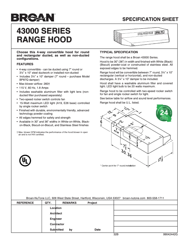 Página 1 del manual Ficha técnica Broan 433004