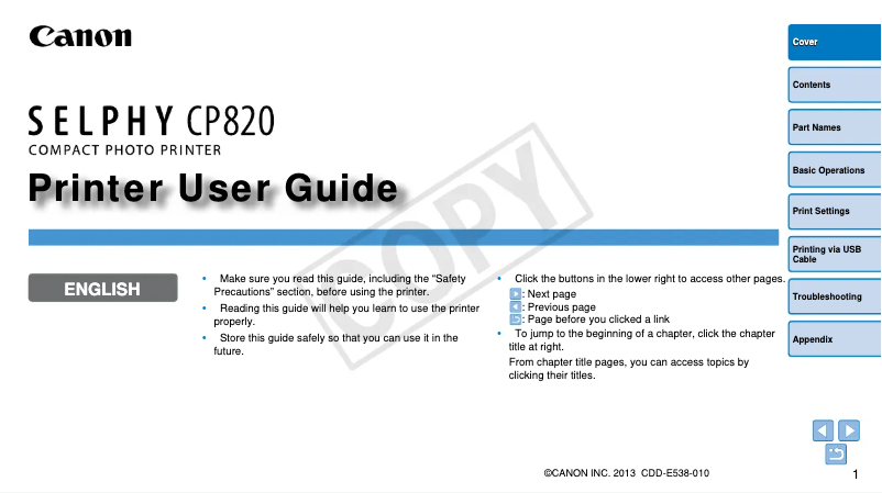 Imagen de la primera página del manual del dispositivo Selphy CP820