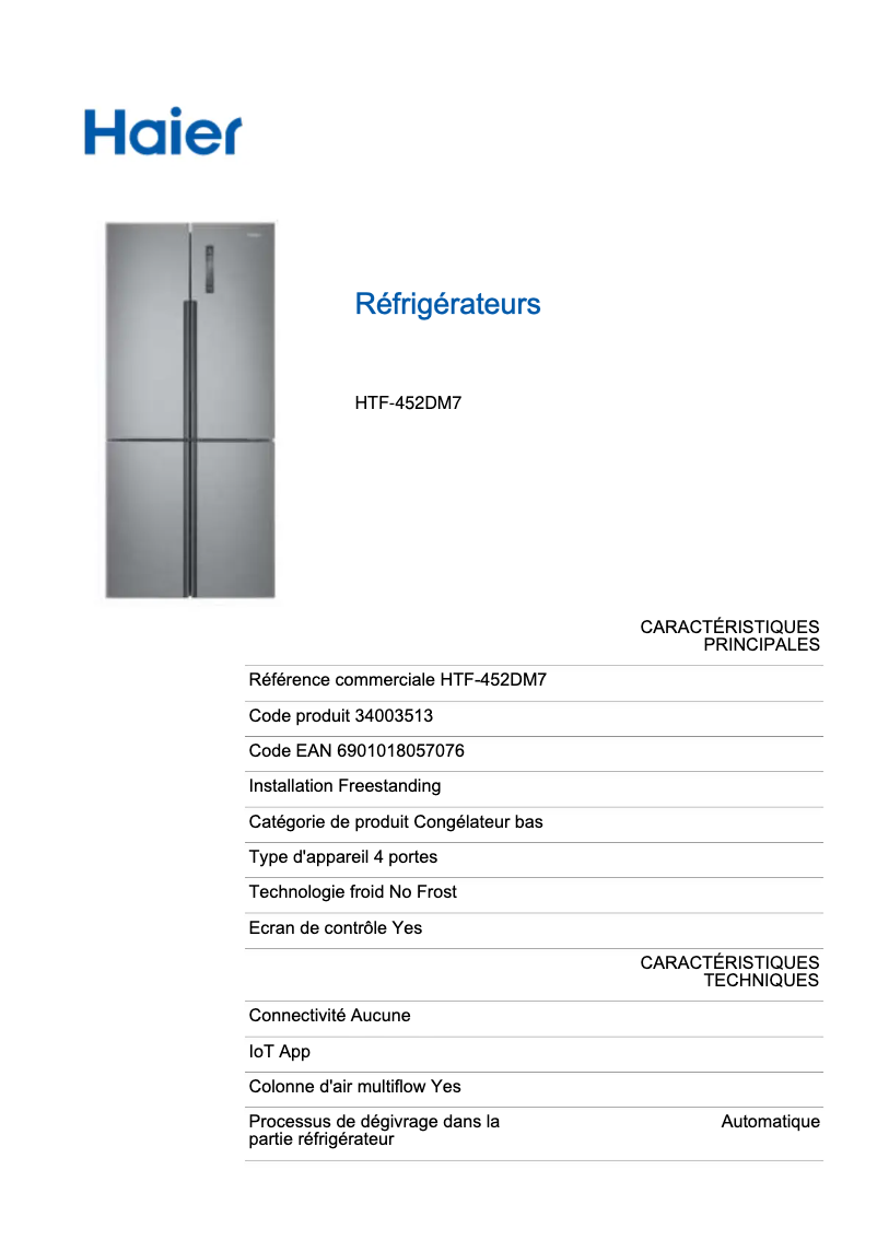 Página 1 del manual Ficha técnica Haier HTF-452DM7