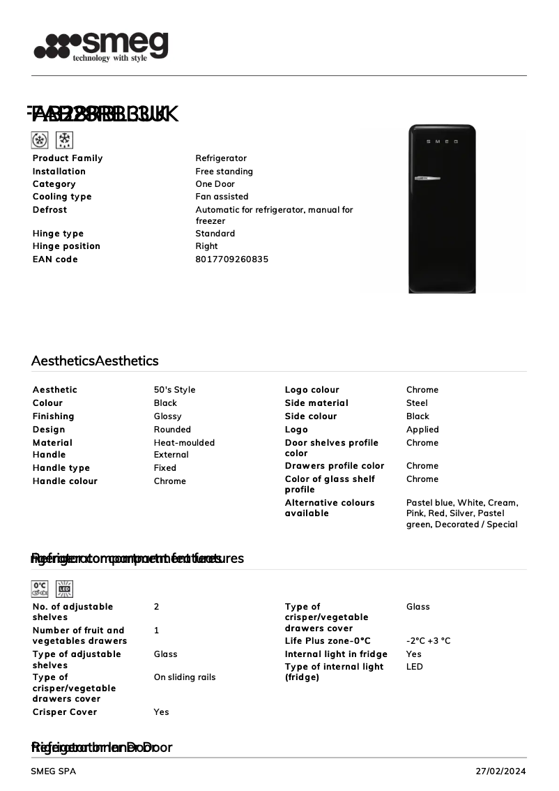 Página nº 1 - Ficha técnica Smeg FAB28RBL3UK