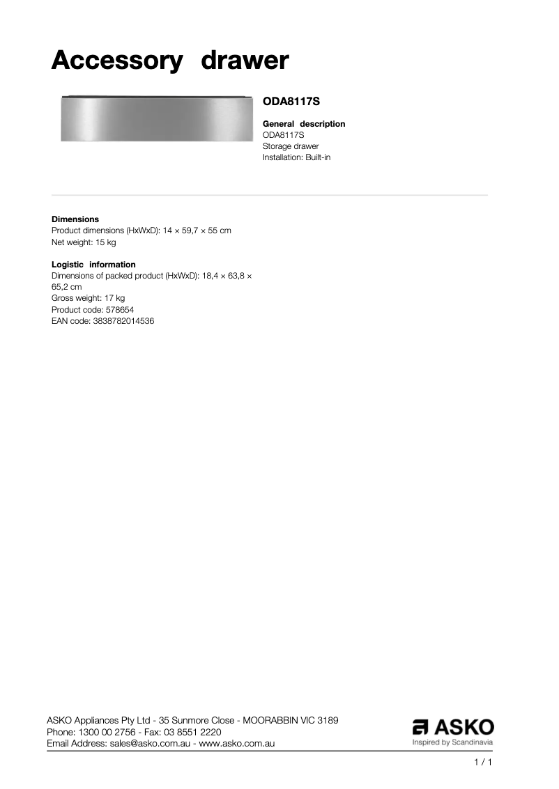 Página 1 del manual Ficha técnica Asko ODA8117S