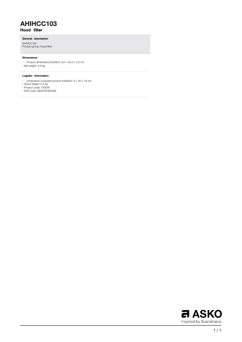 Página 1 del manual Manual de usuario Asko AHIHCC103
