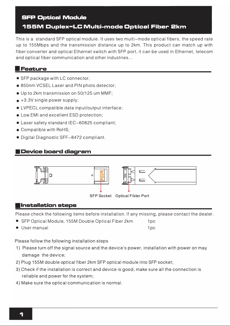 Imagen de la primera página del manual del dispositivo SFP-155M-2KM