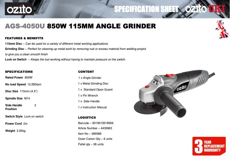 Página 1 del manual Ficha técnica Ozito AGS-4050U