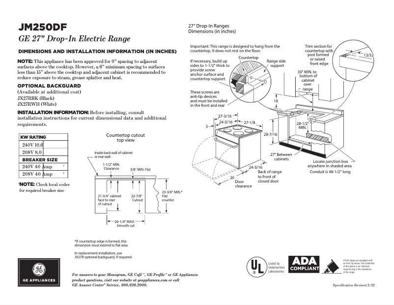 Página 1 del manual Ficha técnica GE JM250DTWW