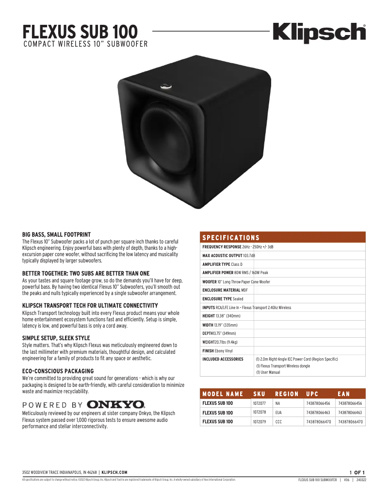 Página 1 del manual Ficha técnica Klipsch Flexus Sub 100