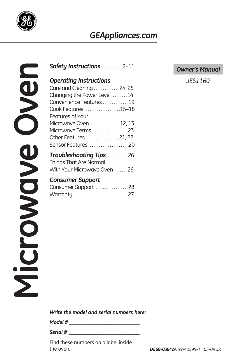 Imagen de la primera página del manual del dispositivo JES1160DPWW