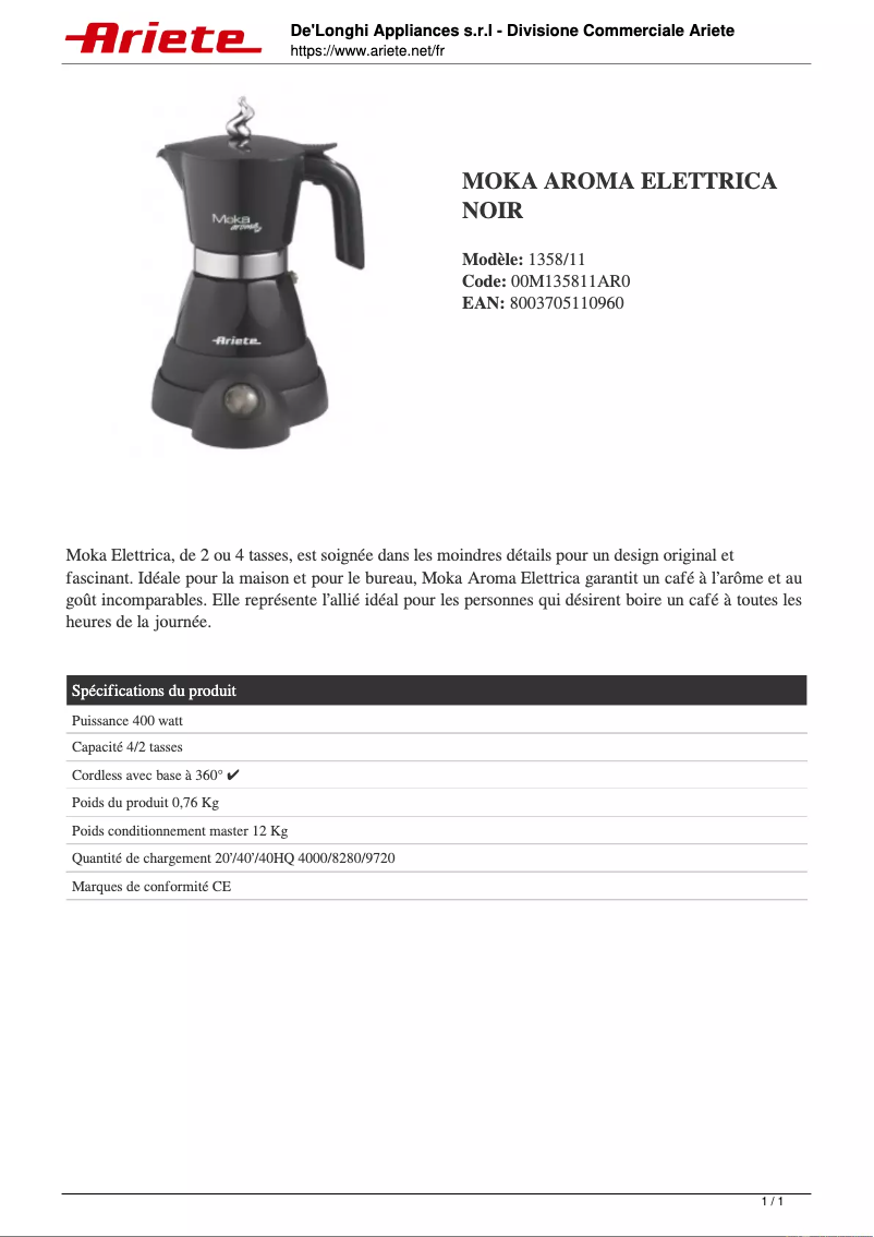 Página 1 del manual Ficha técnica Ariete Moka Aroma Elettrica 1358
