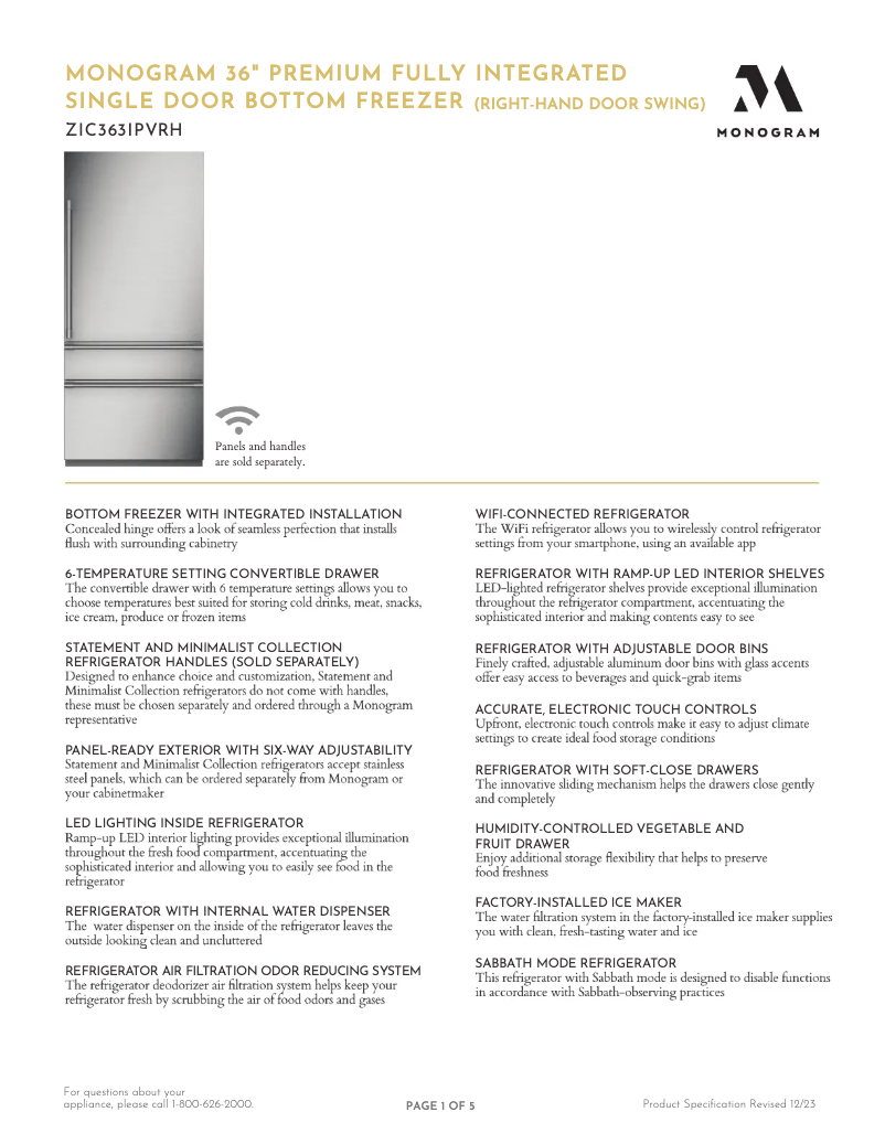 Página 1 del manual Ficha técnica Monogram ZIC363IPVRH