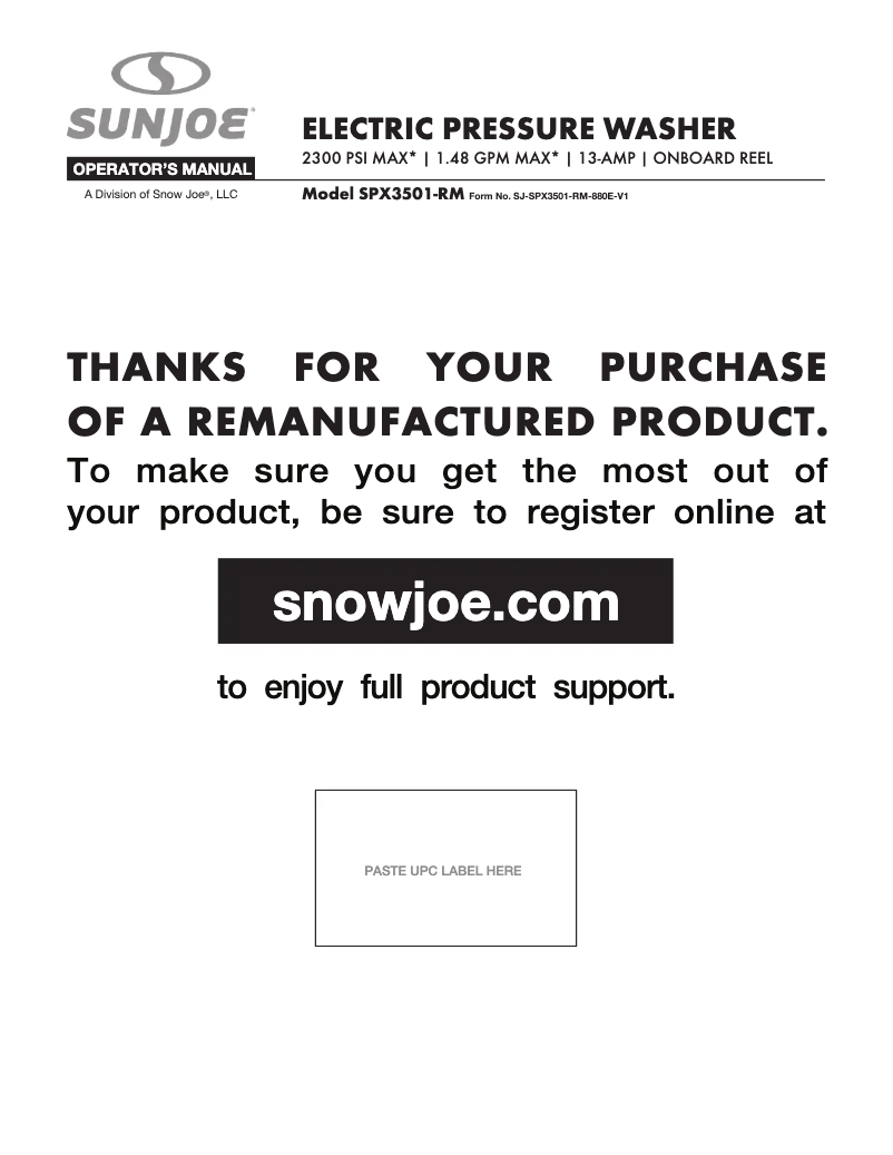 Página nº 1 - Manual de usuario Sun Joe SPX3501-RM
