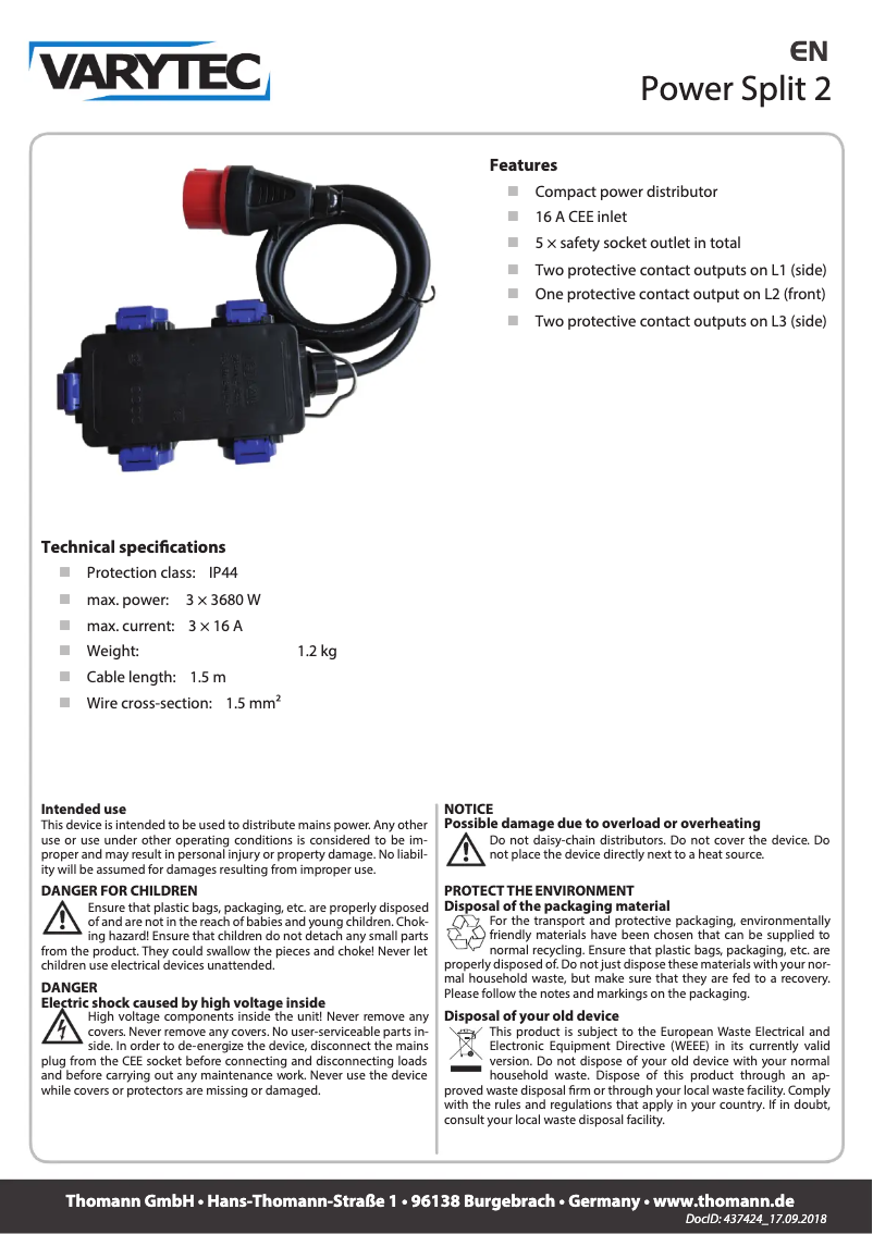 Imagen de la primera página del manual del dispositivo Power Split 2