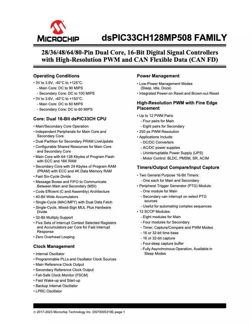 Imagen de la primera página del manual del dispositivo dsPIC33CH64MP206