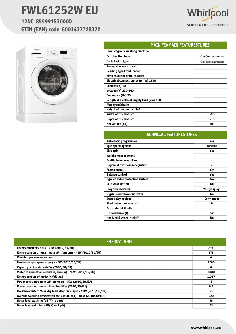 Página 1 del manual Ficha técnica Whirlpool FWL61252W EU