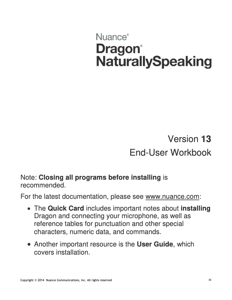 Imagen de la primera página del manual del dispositivo Dragon NaturallySpeaking 13