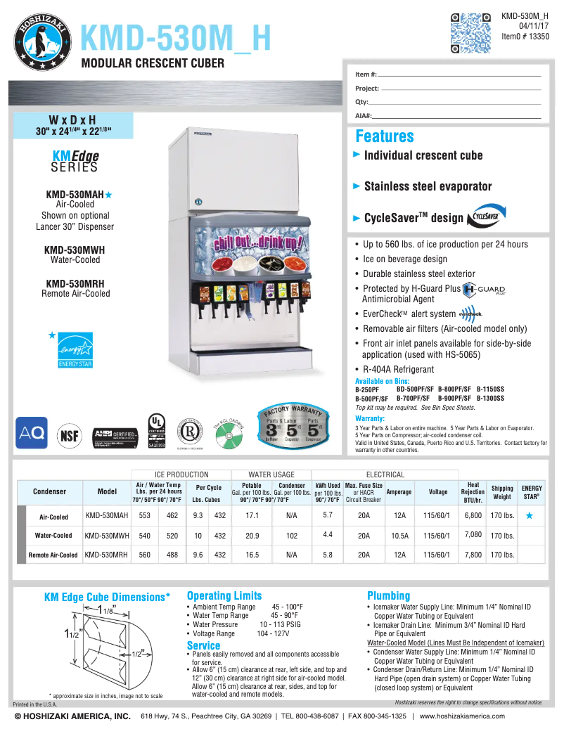 Página 1 del manual Ficha técnica Hoshizaki KMD-530MRH