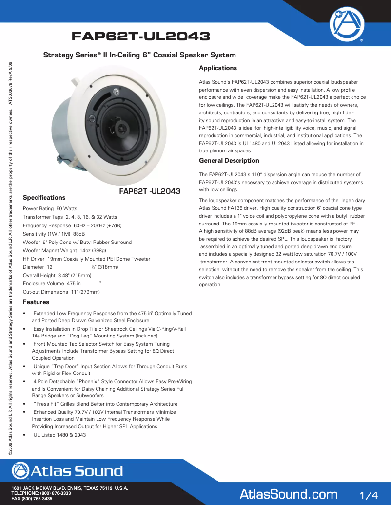 Página 1 del manual Folleto Atlas Sound FAP62T-UL2043