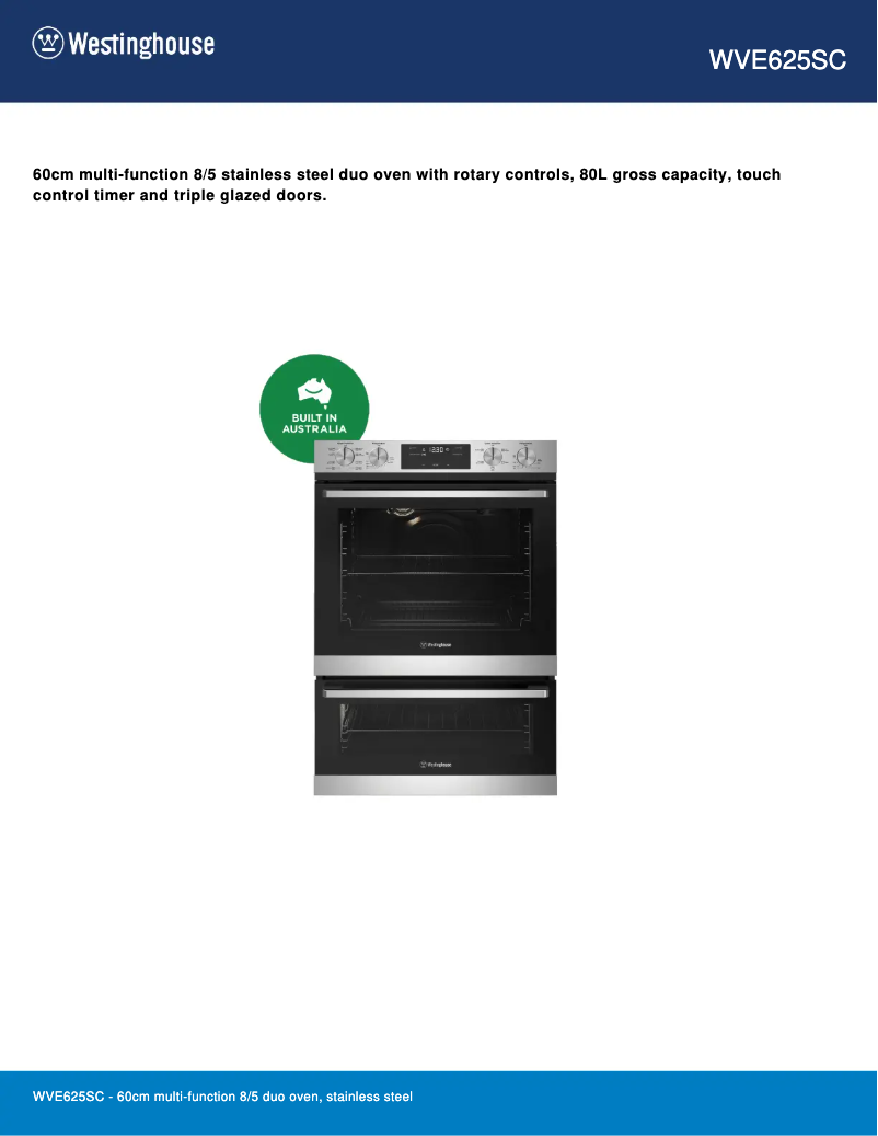 Página 1 del manual Ficha técnica Westinghouse WVE625SC