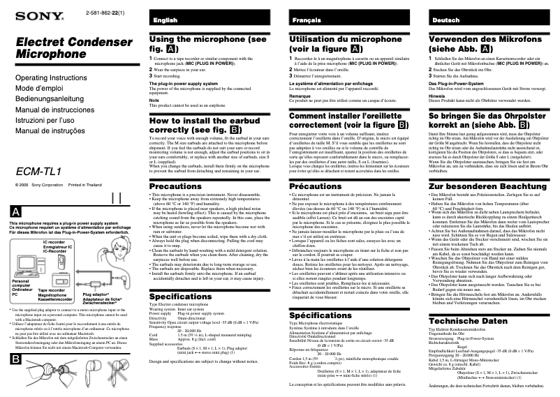 Página nº 1 - Manual de usuario Sony ECM-TL1