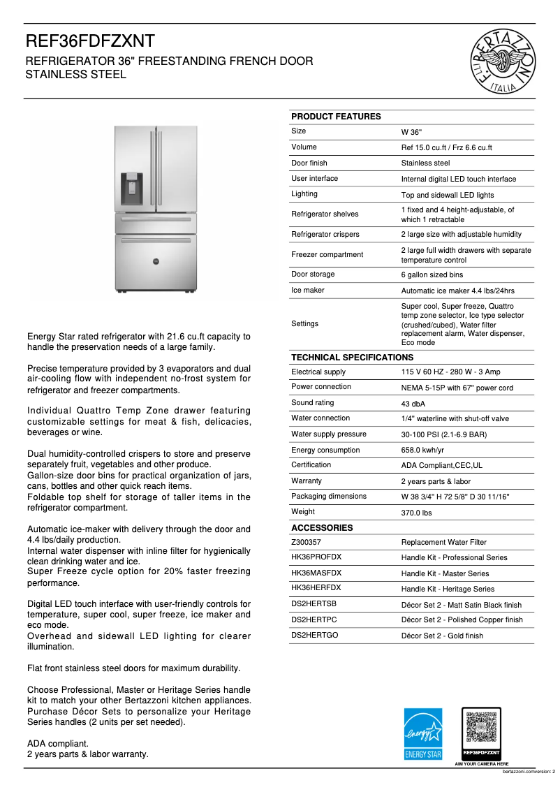 Página 1 del manual Ficha técnica Bertazzoni REF36FDFFZXNT