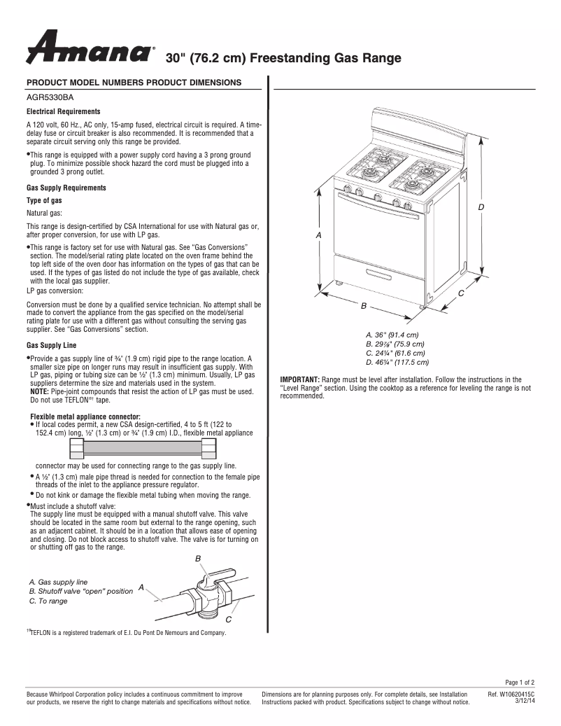Página 1 del manual Ficha técnica Amana AGR5330BAB