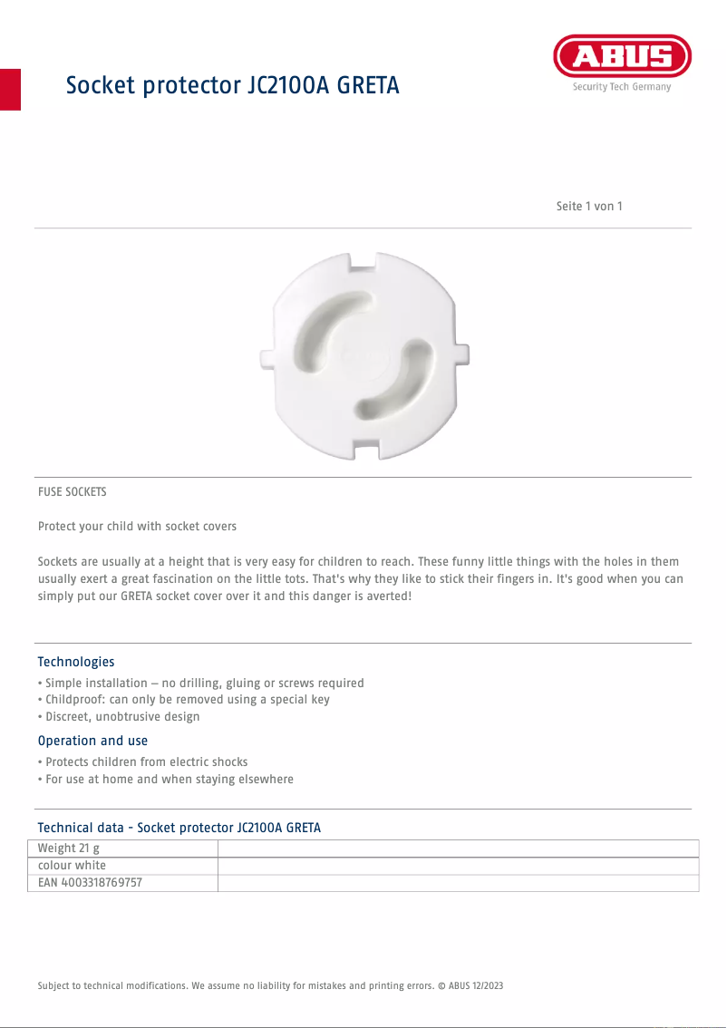 Página 1 del manual Ficha técnica Abus JC2100