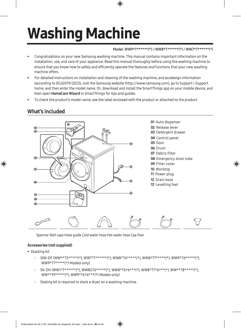 Imagen de la primera página del manual del dispositivo WW90T634DLE