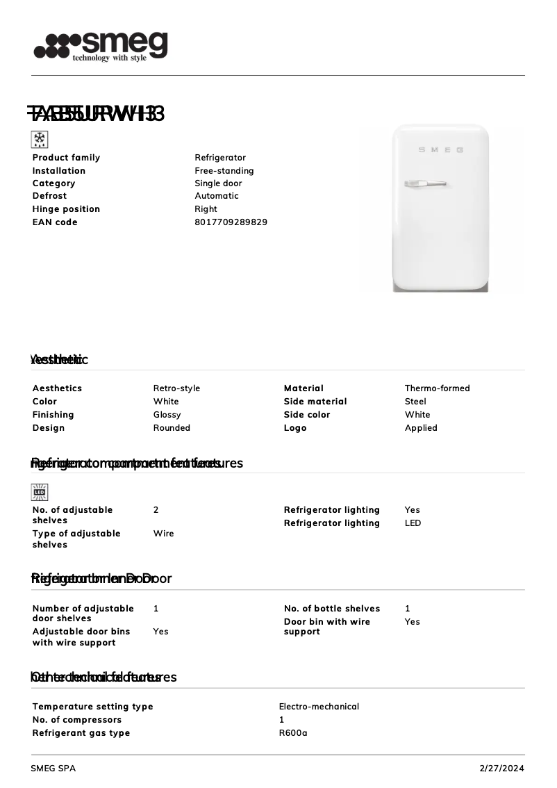 Página 1 del manual Ficha técnica Smeg FAB5URWH3