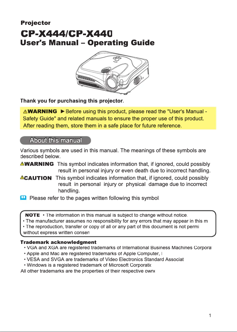 Imagen de la primera página del manual del dispositivo CP-X440