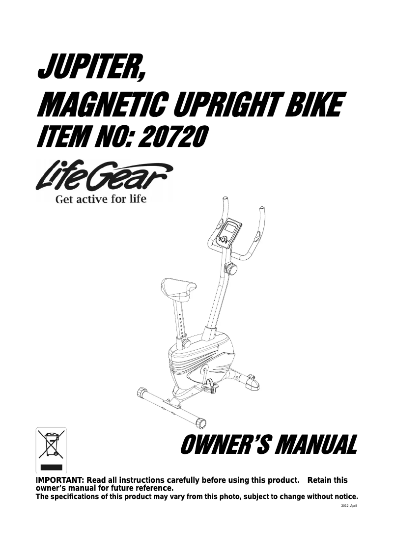 Página 1 del manual Manual de usuario Life Gear Jupiter Magnetic Upright Bike 20720