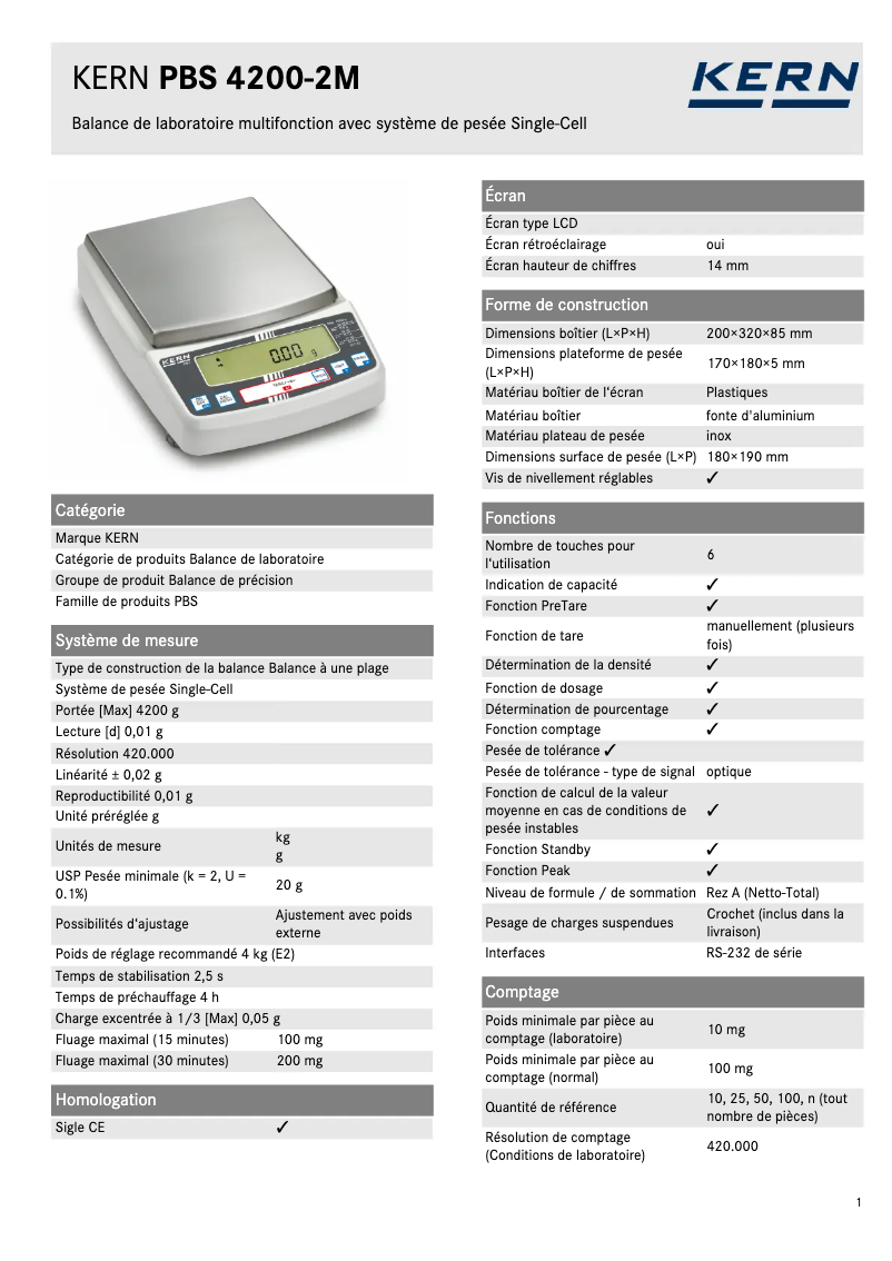 Página 1 del manual Ficha técnica Kern PBS 4200-2M